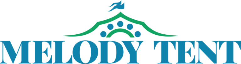 Melody Tent logo: teal tent arch with a green roof, blue decorative dots, and a blue flag on top, with 'MELODY TENT' in teal text below.