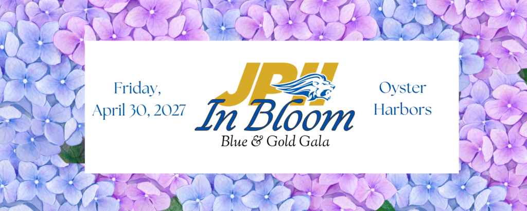 Invitation banner for 'In Bloom' Blue & Gold Gala, Friday, April 30, 2027, with Oyster Harbors logos on a purple-blue hydrangea background.